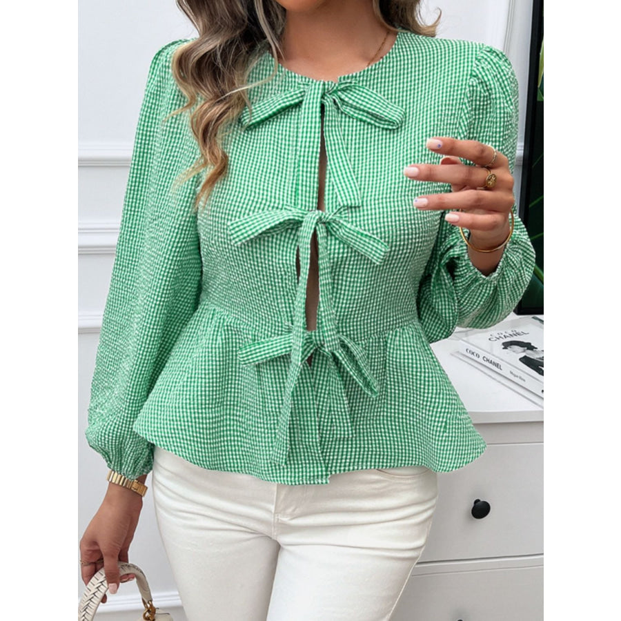 Tied Round Neck Long Sleeve Blouse Apparel and Accessories