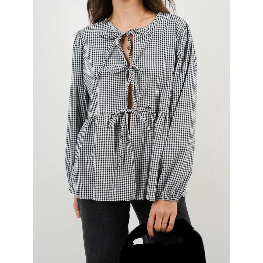 Tied Round Neck Long Sleeve Blouse Apparel and Accessories