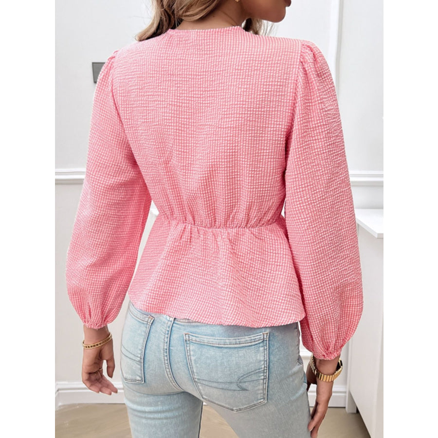 Tied Round Neck Long Sleeve Blouse Apparel and Accessories