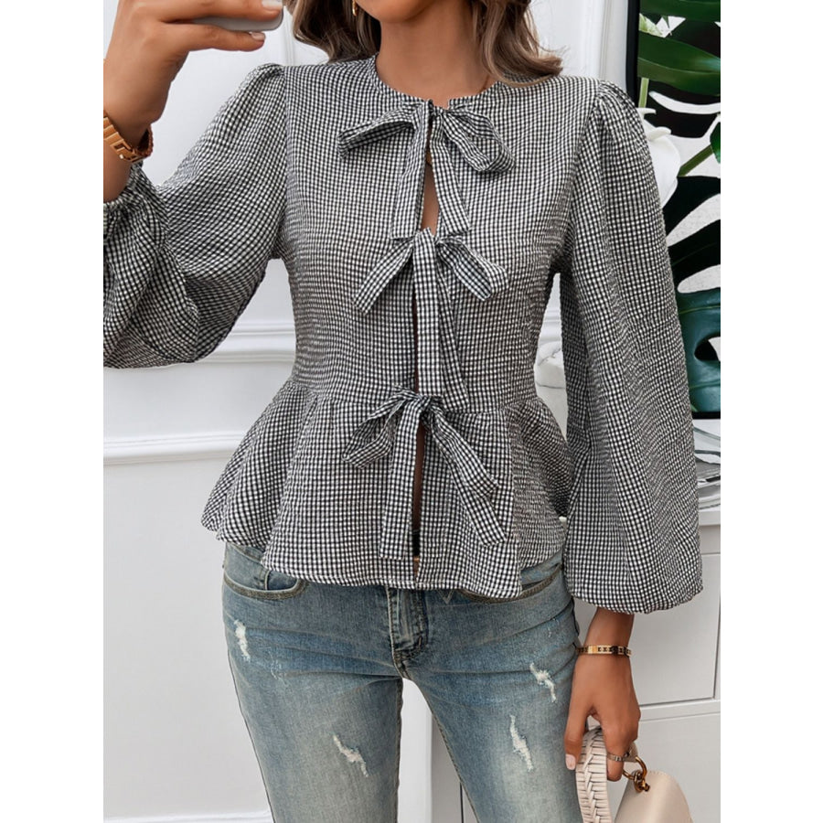 Tied Round Neck Long Sleeve Blouse Apparel and Accessories