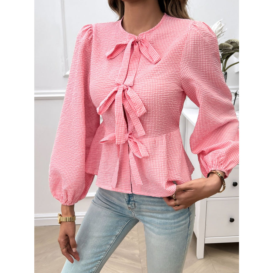 Tied Round Neck Long Sleeve Blouse Apparel and Accessories