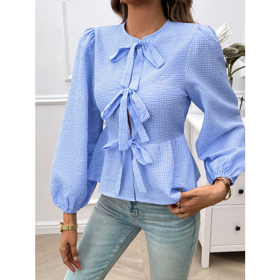 Tied Round Neck Long Sleeve Blouse Apparel and Accessories