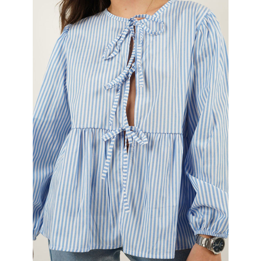 Tied Round Neck Long Sleeve Blouse Apparel and Accessories