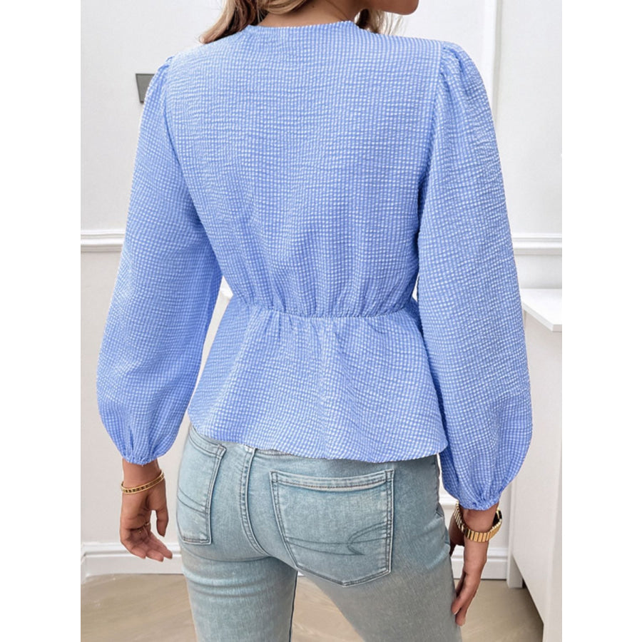 Tied Round Neck Long Sleeve Blouse Apparel and Accessories