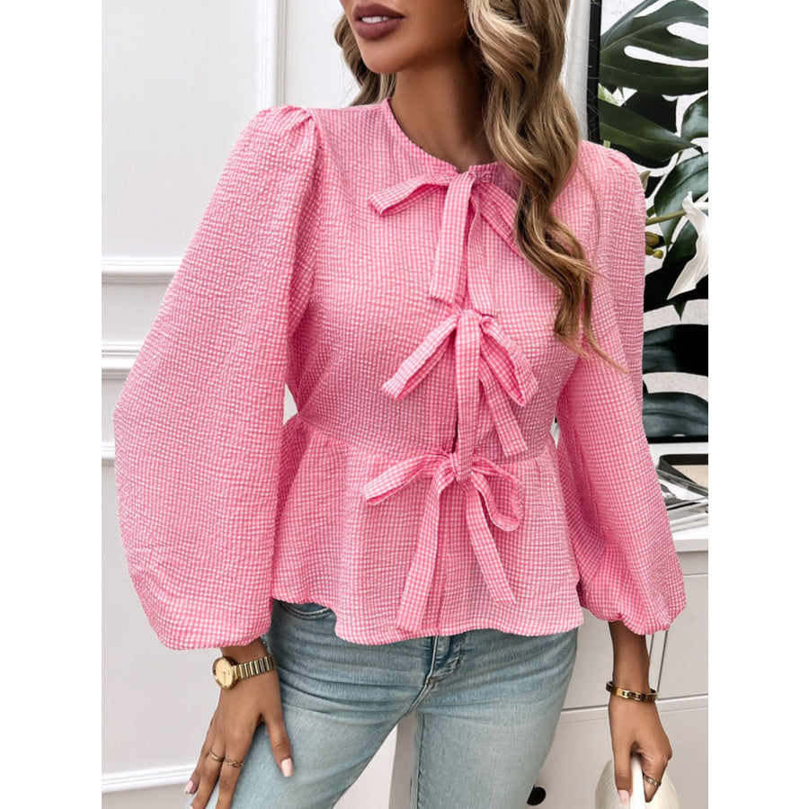 Tied Round Neck Long Sleeve Blouse Apparel and Accessories