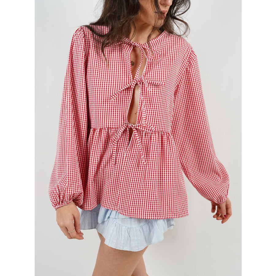 Tied Round Neck Long Sleeve Blouse Apparel and Accessories