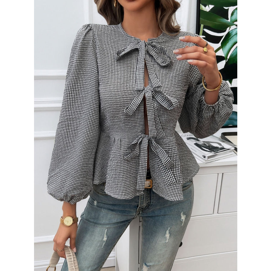 Tied Round Neck Long Sleeve Blouse Black / S Apparel and Accessories