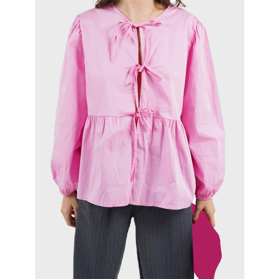 Tied Round Neck Long Sleeve Blouse Blush Pink / S Apparel and Accessories