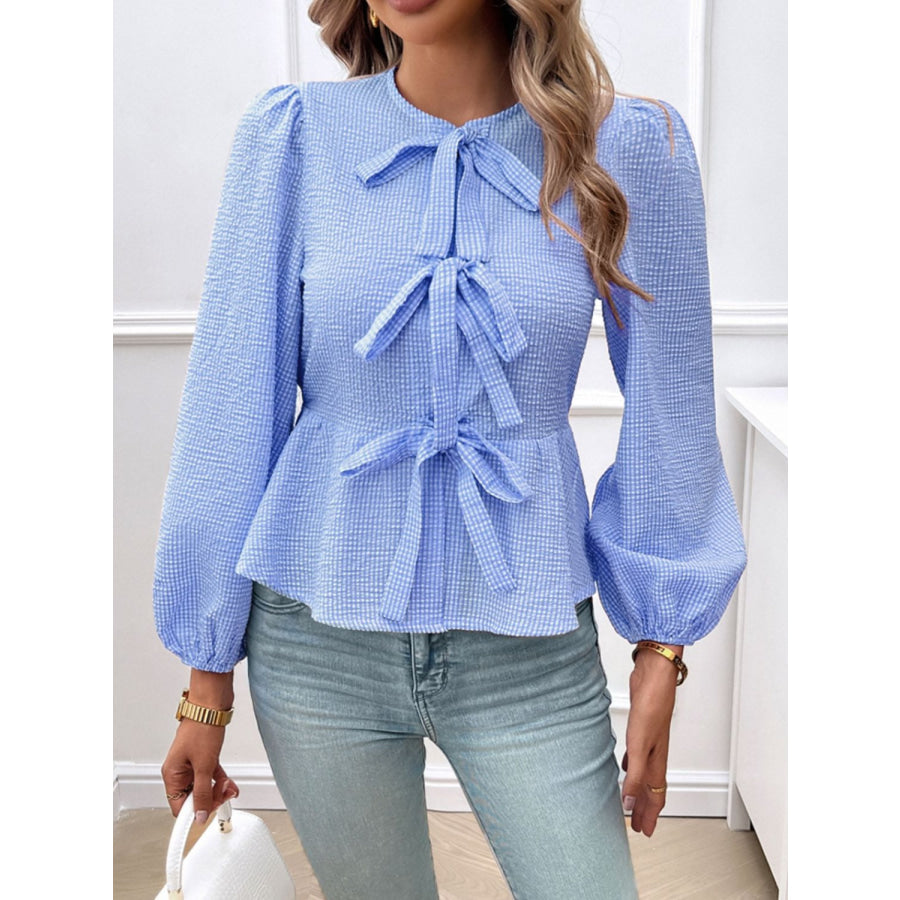 Tied Round Neck Long Sleeve Blouse Dusty Blue / S Apparel and Accessories