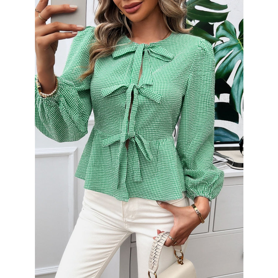 Tied Round Neck Long Sleeve Blouse Green / S Apparel and Accessories