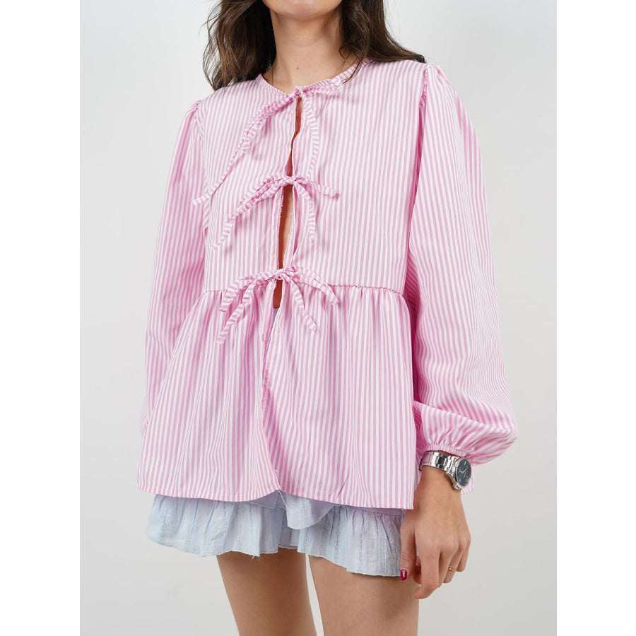 Tied Round Neck Long Sleeve Blouse Pink / S Apparel and Accessories