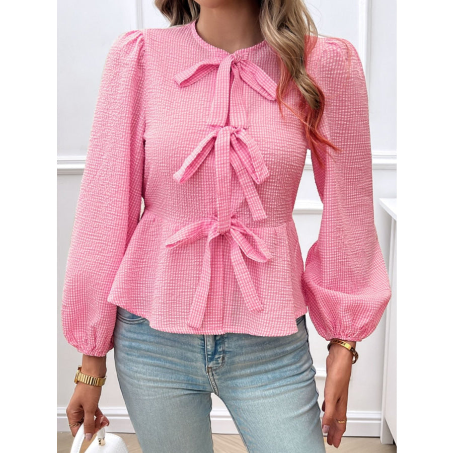 Tied Round Neck Long Sleeve Blouse Pink / S Apparel and Accessories