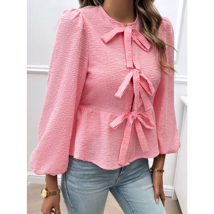 Tied Round Neck Long Sleeve Blouse Strawberry / S Apparel and Accessories