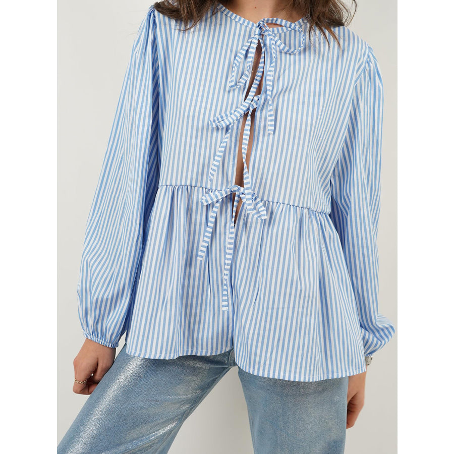 Tied Round Neck Long Sleeve Blouse Stripe / S Apparel and Accessories