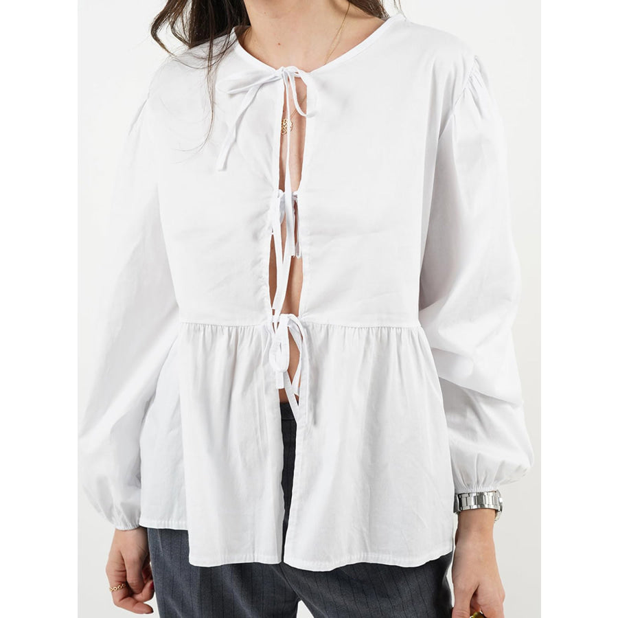 Tied Round Neck Long Sleeve Blouse White / S Apparel and Accessories