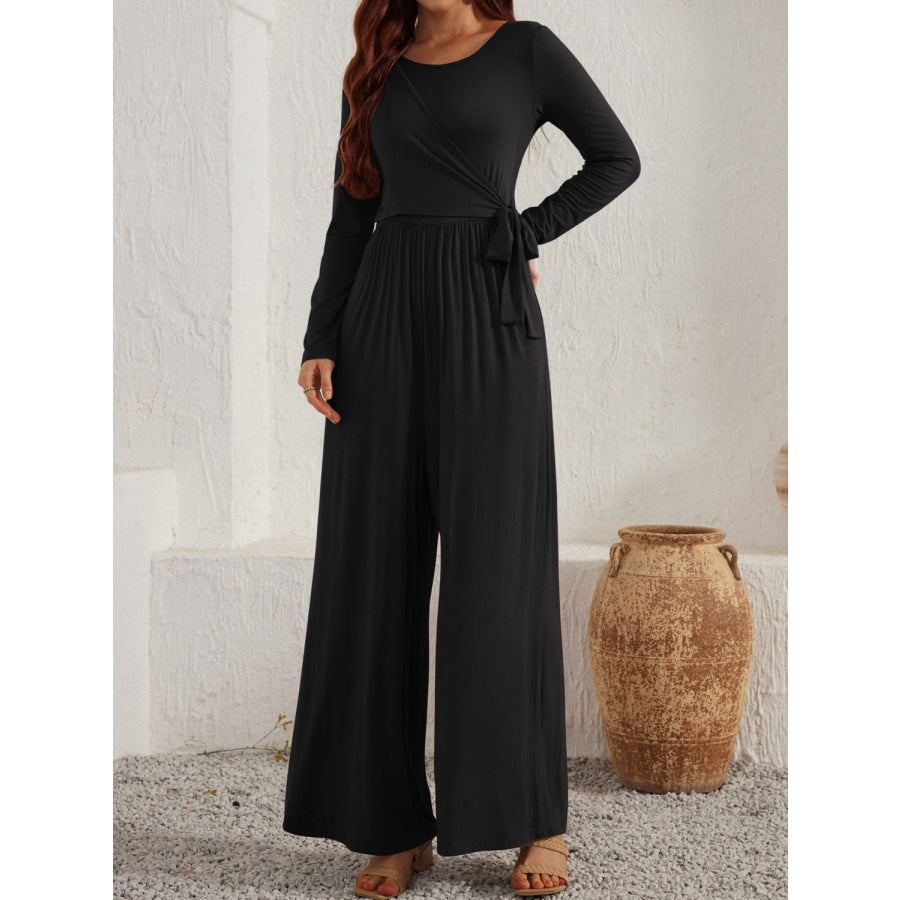 Tied Round Neck Long Sleeve Jumpsuit Apparel and Accessories