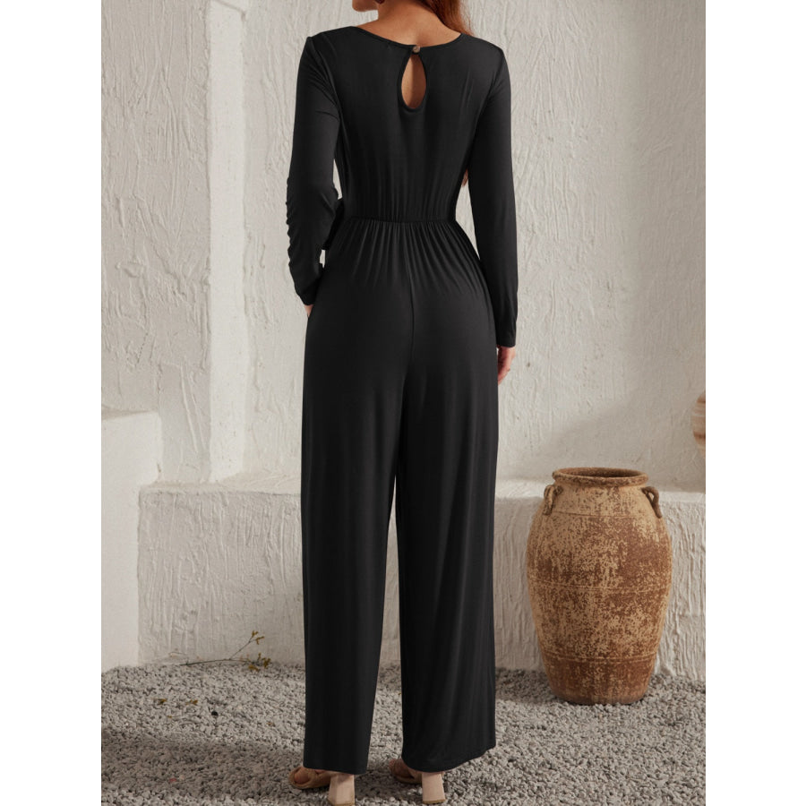 Tied Round Neck Long Sleeve Jumpsuit Apparel and Accessories