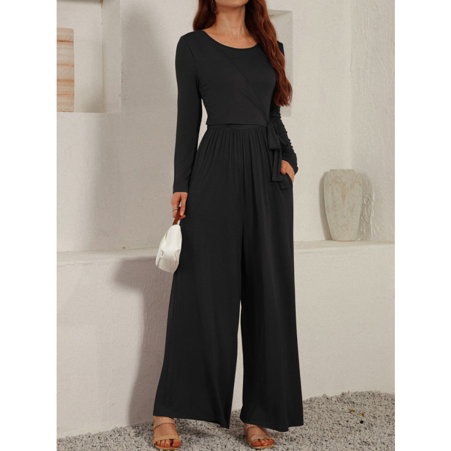 Tied Round Neck Long Sleeve Jumpsuit Black / S Apparel and Accessories