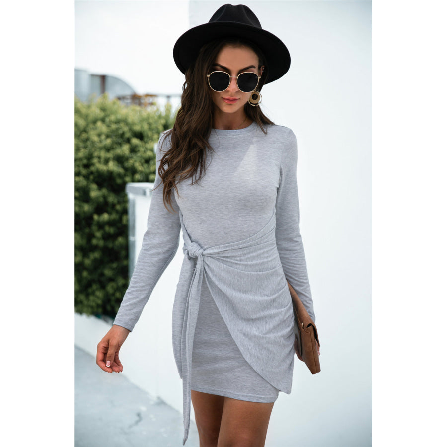 Tied Round Neck Long Sleeve Mini Dress Apparel and Accessories