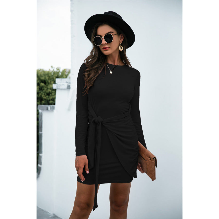 Tied Round Neck Long Sleeve Mini Dress Apparel and Accessories