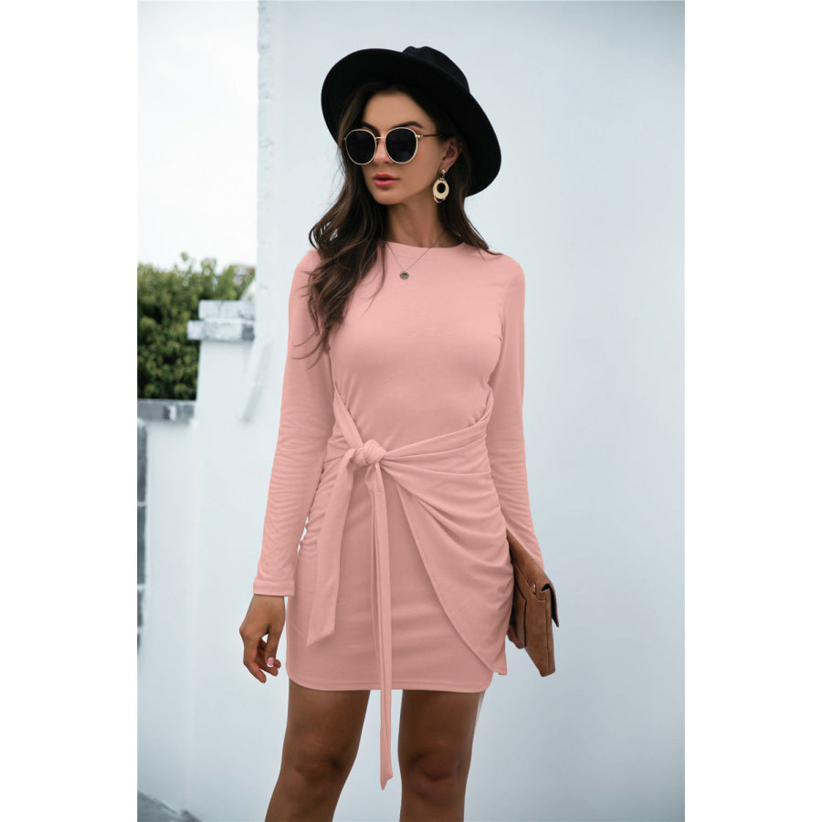 Tied Round Neck Long Sleeve Mini Dress Apparel and Accessories