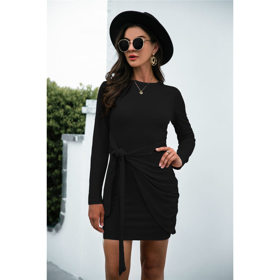 Tied Round Neck Long Sleeve Mini Dress Black / S Apparel and Accessories