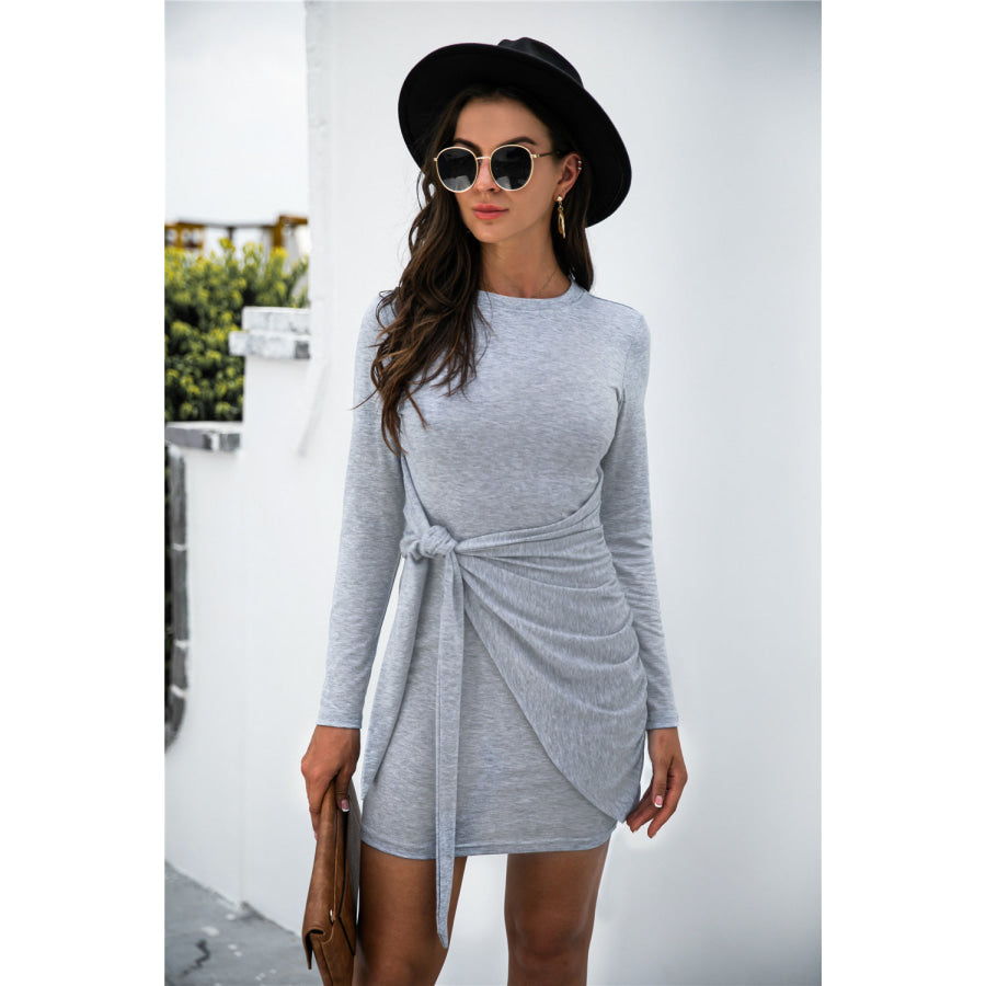 Tied Round Neck Long Sleeve Mini Dress Gray / S Apparel and Accessories