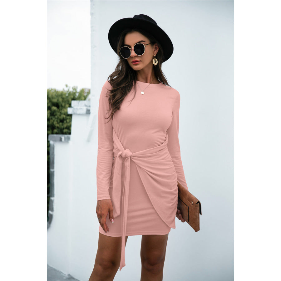 Tied Round Neck Long Sleeve Mini Dress Watermelon pink / S Apparel and Accessories