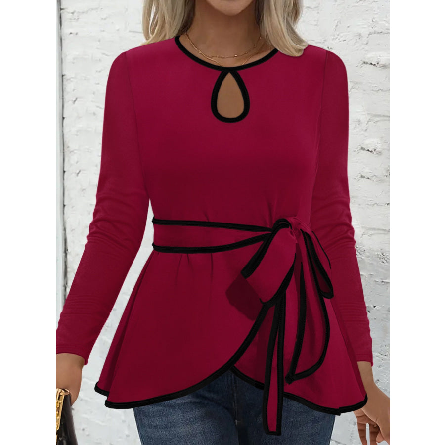 Tied Round Neck Long Sleeve T - Shirt Wine / S Apparel and Accessories