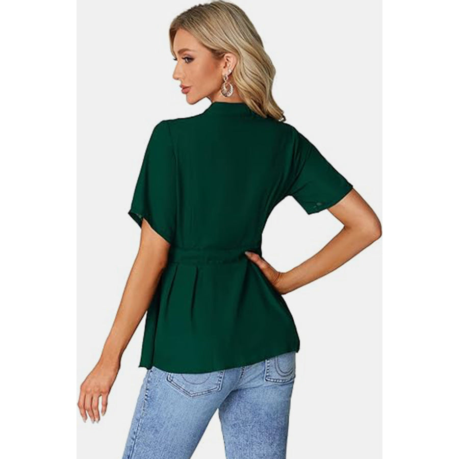 Tied Round Neck Short Sleeve Blouse Apparel and Accessories