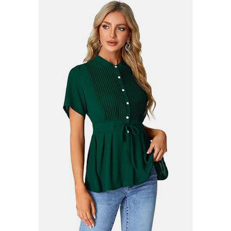 Tied Round Neck Short Sleeve Blouse Apparel and Accessories