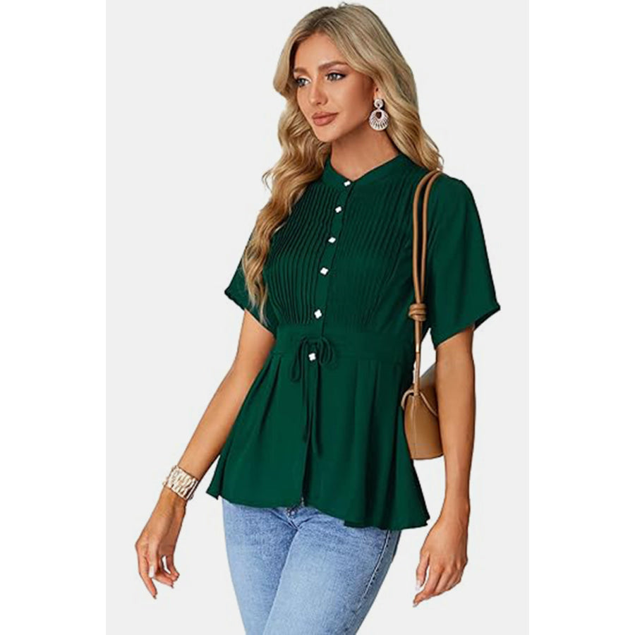 Tied Round Neck Short Sleeve Blouse Apparel and Accessories