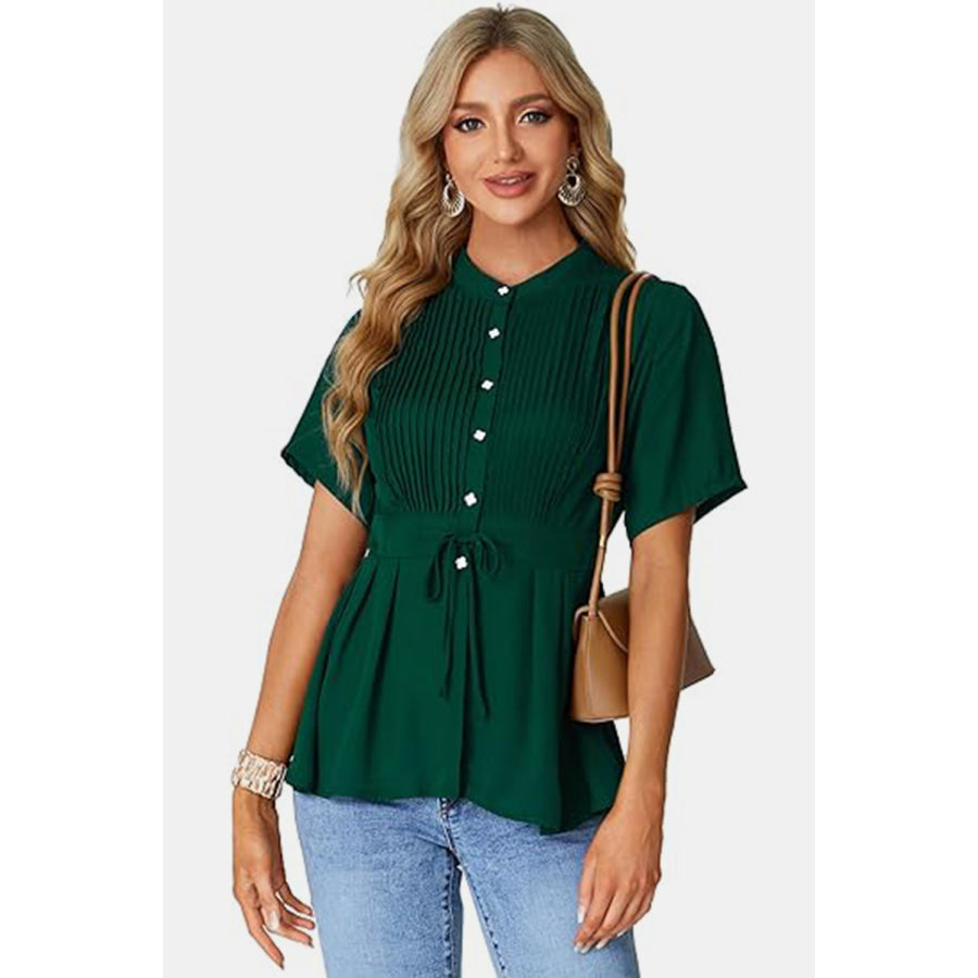 Tied Round Neck Short Sleeve Blouse Apparel and Accessories