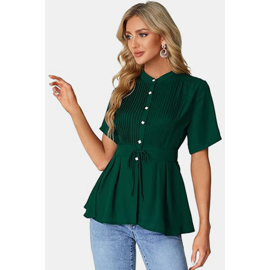 Tied Round Neck Short Sleeve Blouse Green / S Apparel and Accessories