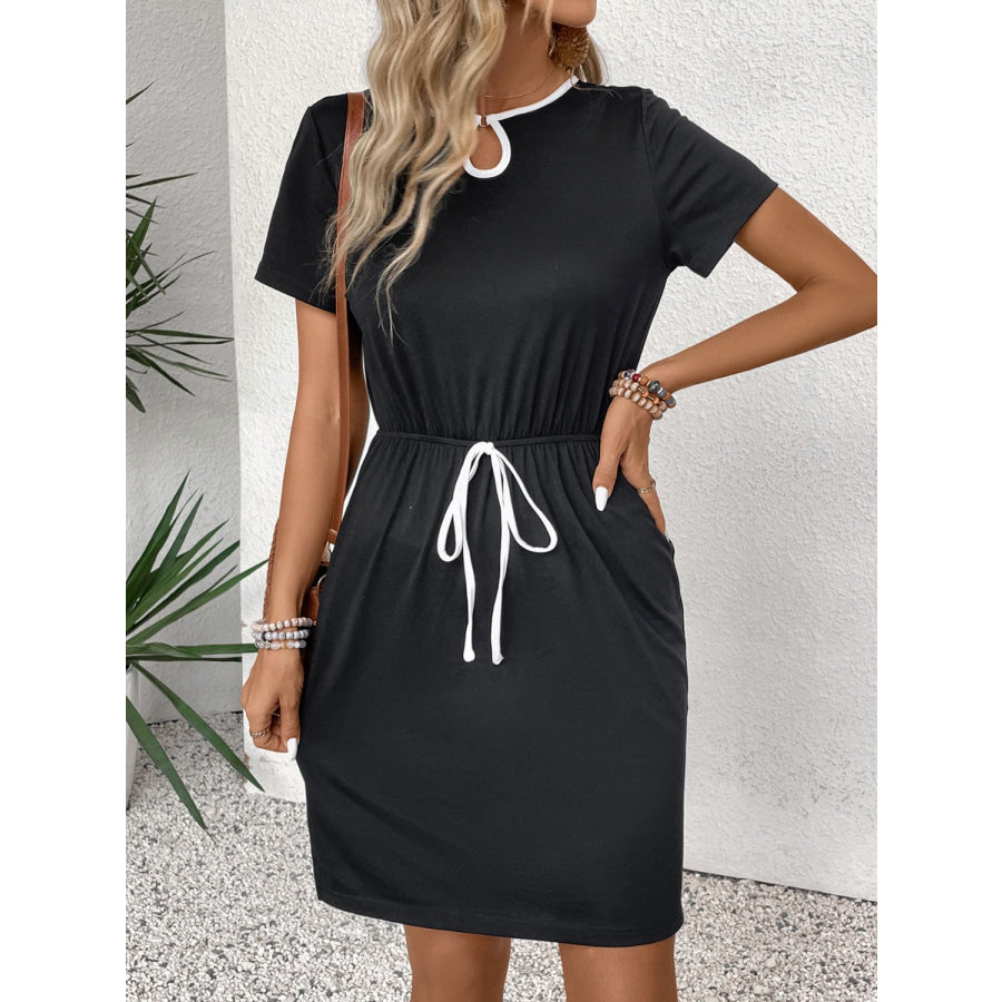 Tied Round Neck Short Sleeve Mini Dress Apparel and Accessories