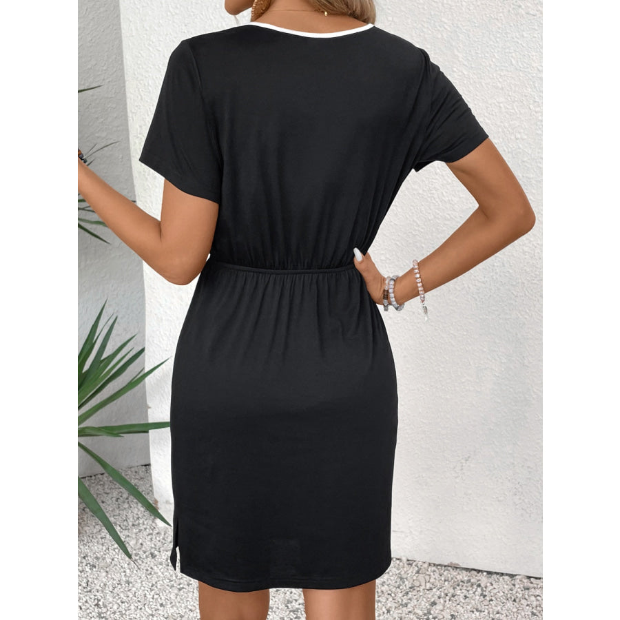 Tied Round Neck Short Sleeve Mini Dress Apparel and Accessories