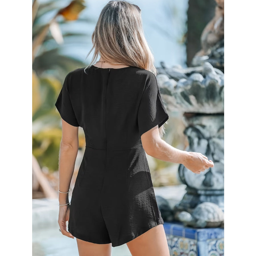 Tied Round Neck Short Sleeve Romper Black / S Apparel and Accessories