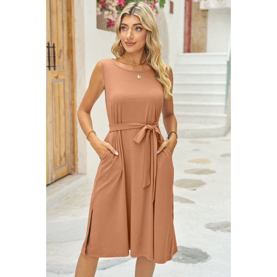 Tied Round Neck Sleeveless Dress Apparel and Accessories