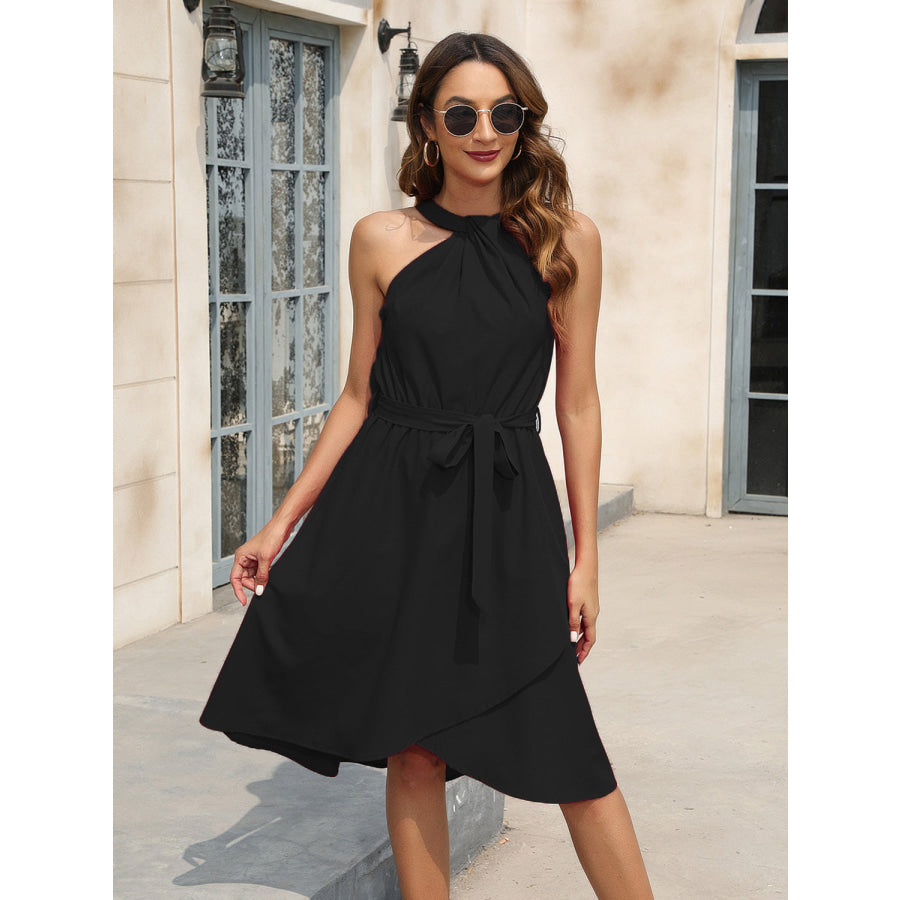 Tied Round Neck Sleeveless Dress Black / S Apparel and Accessories