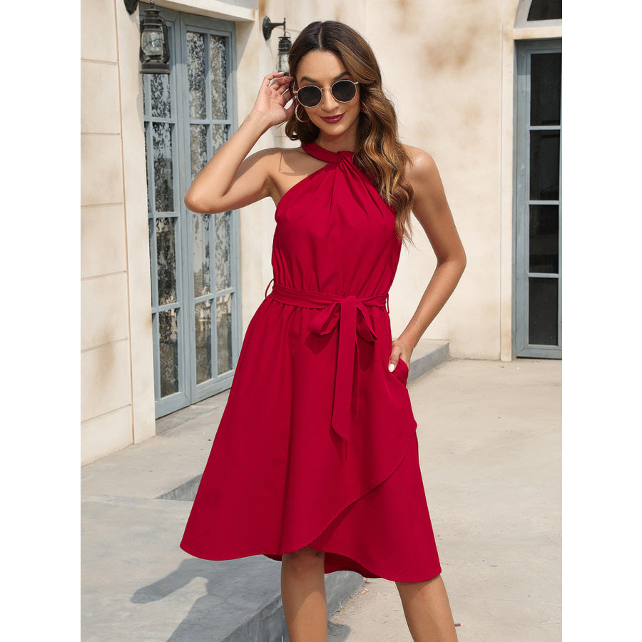 Tied Round Neck Sleeveless Dress Deep Red / S Apparel and Accessories