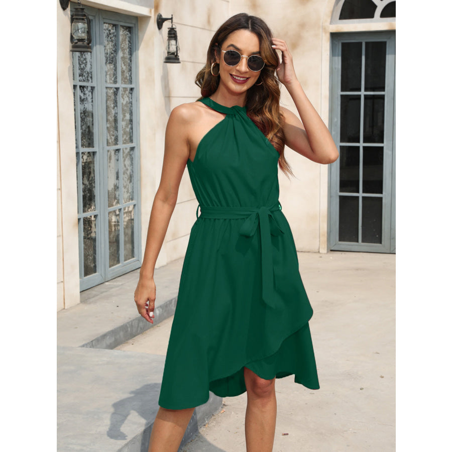 Tied Round Neck Sleeveless Dress Green / S Apparel and Accessories