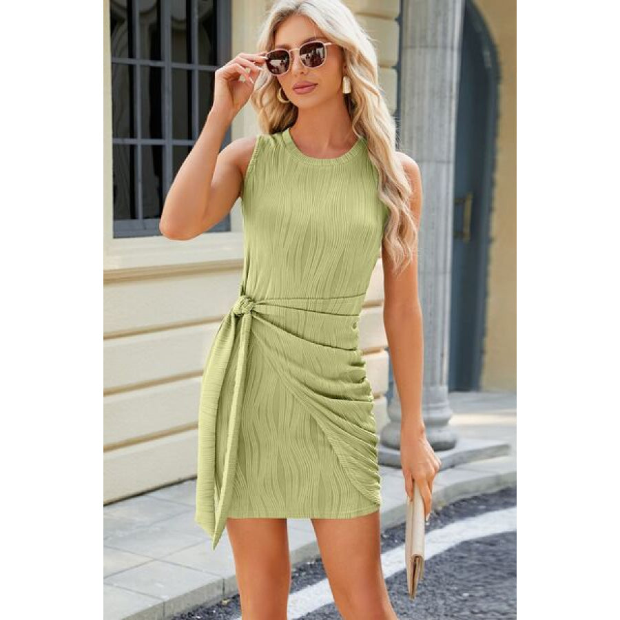 Tied Round Neck Sleeveless Mini Dress Chartreuse / S Apparel and Accessories