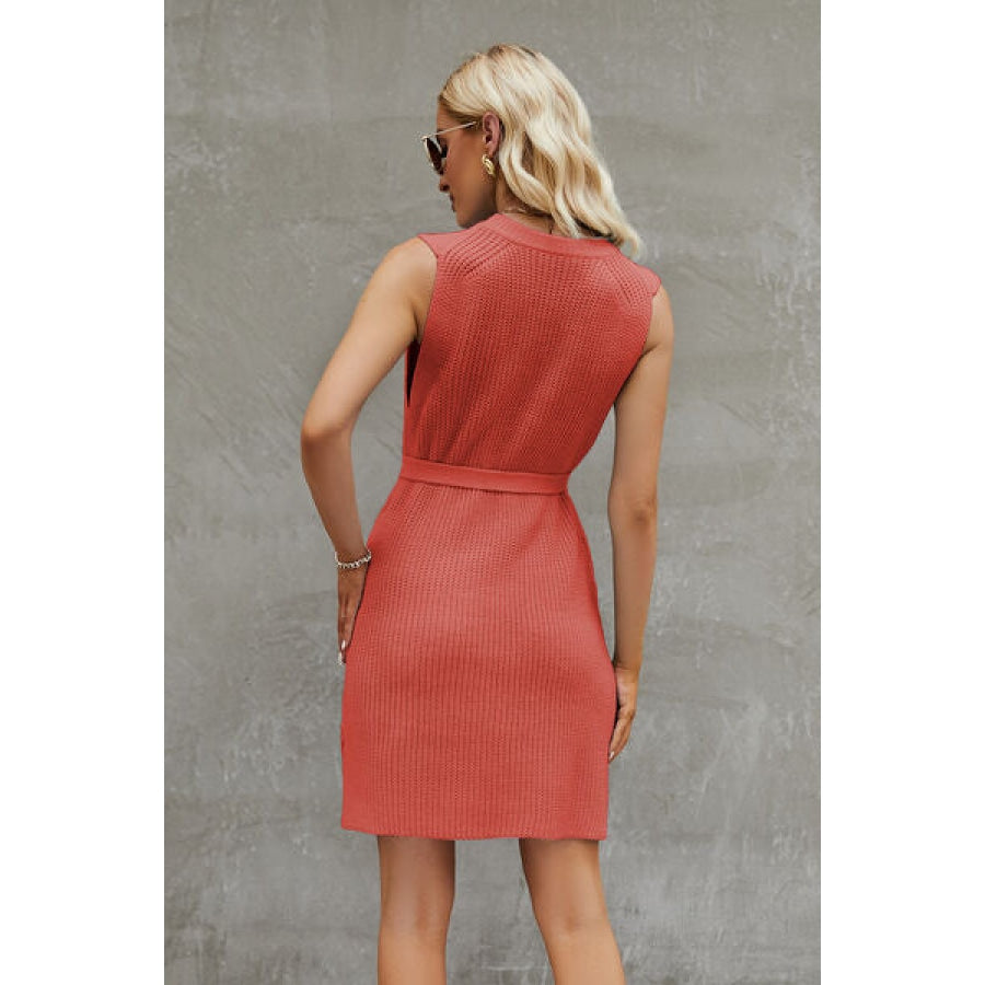 Tied Round Neck Sleeveless Sweater Dress Coral / S Clothing