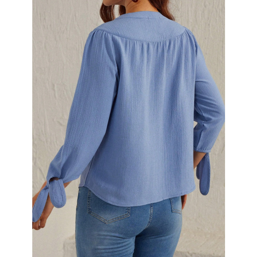 Tied Round Neck Three-Quarter Sleeve Shirt Dusty Blue / S Apparel and Accessories