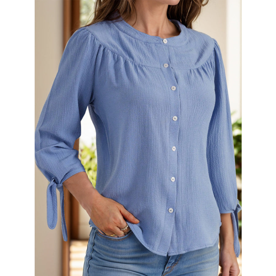 Tied Round Neck Three-Quarter Sleeve Shirt Dusty Blue / S Apparel and Accessories