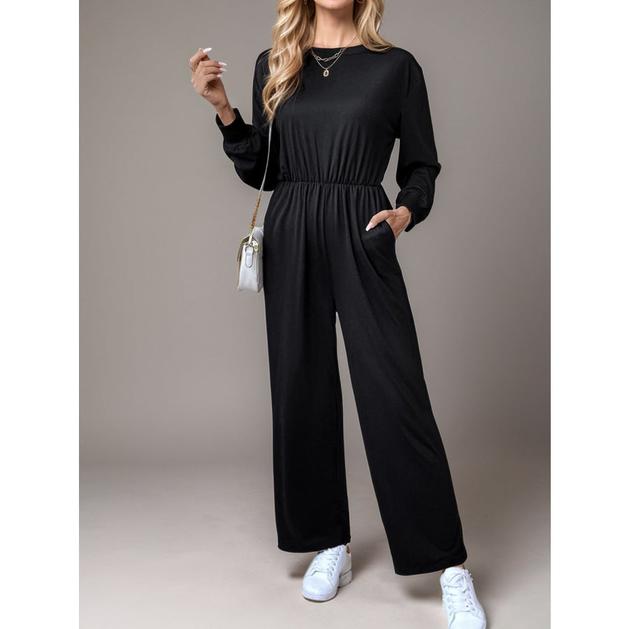 Tied Round Neck Wide Leg Jumpsuit Black / S Apparel and Accessories