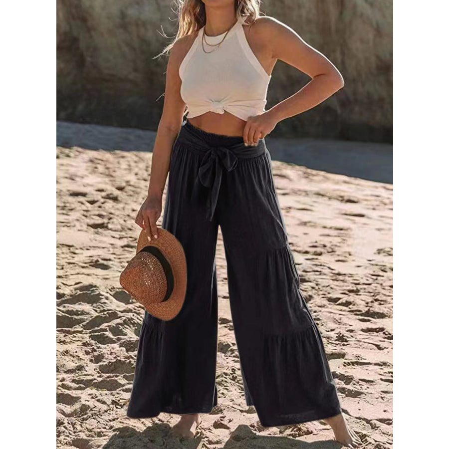 Tied Ruched Wide Leg Pants Apparel and Accessories