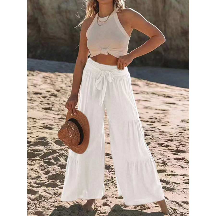 Tied Ruched Wide Leg Pants Apparel and Accessories