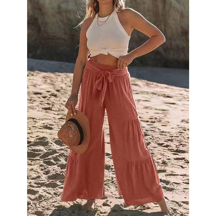 Tied Ruched Wide Leg Pants Apparel and Accessories