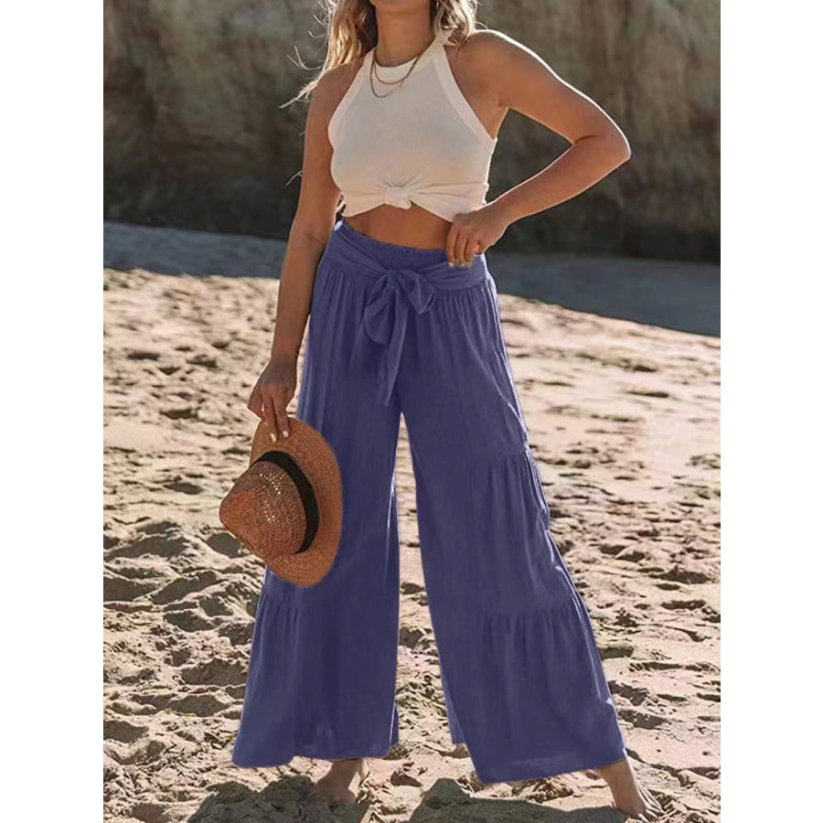 Tied Ruched Wide Leg Pants Apparel and Accessories